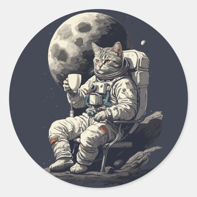 Astronaut Cat Having Cup of Coffee Classic Round Sticker (Front)