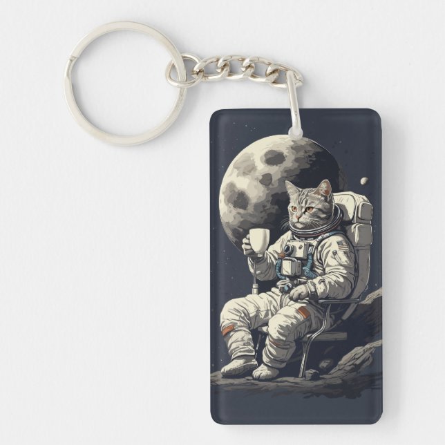 Astronaut Cat Having Cup of Coffee Keychain (Front)