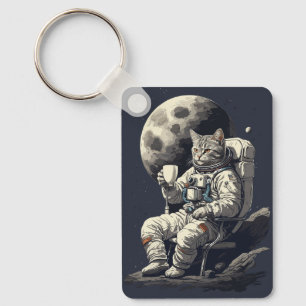 Astronaut Cat Having Cup of Coffee Keychain