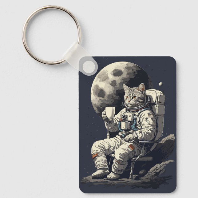 Astronaut Cat Having Cup of Coffee Keychain (Front)