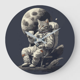 Astronaut Cat Having Cup of Coffee Large Clock