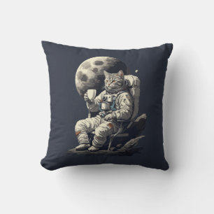 Astronaut Cat Having Cup of Coffee Throw Pillow