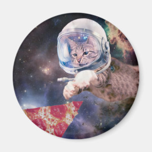 Astronaut cat hunting a pizza slice magnet