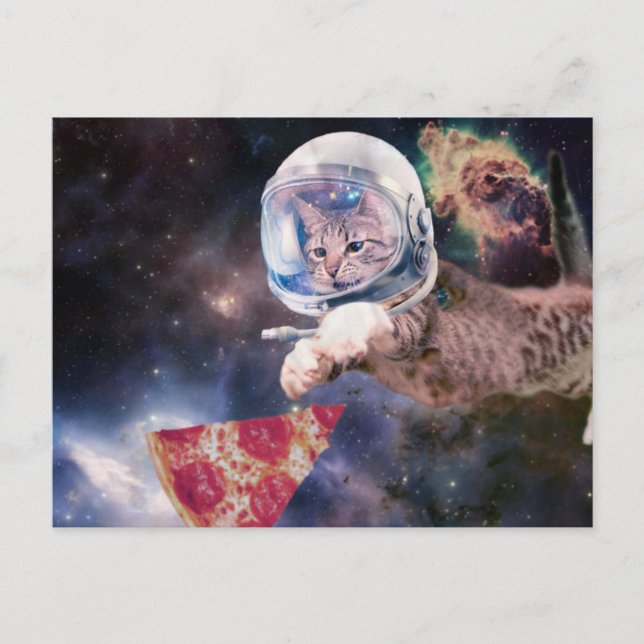 Astronaut cat hunting a pizza slice postcard (Front)