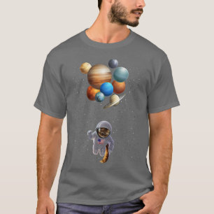 Astronaut Cat in Space Holding Planet Balloon, T-S T-Shirt
