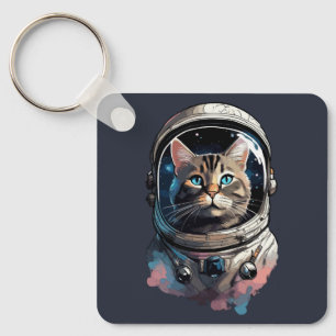 Astronaut Cat In Space Watercolor Art Keychain