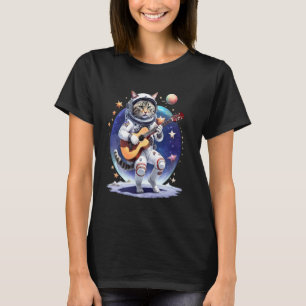 Astronaut Cat Playing Guitar in Space Planets Cat T-Shirt