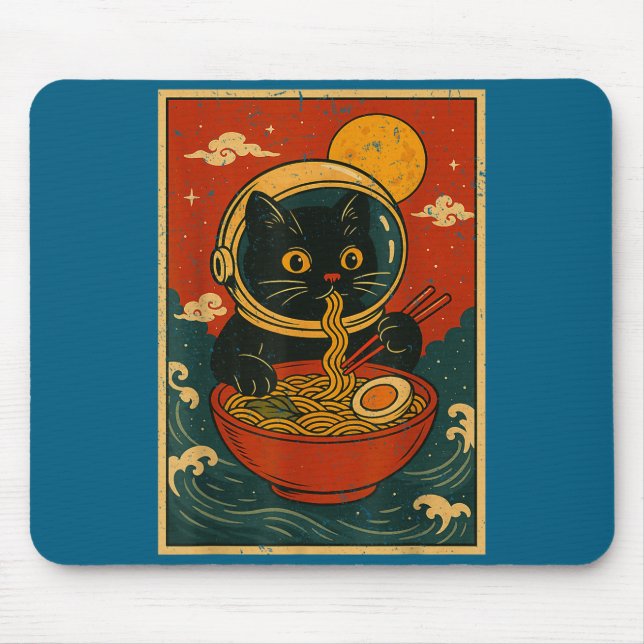 Astronaut Cat Ramen Japanese Graphic Tees Men Wome Mouse Pad (Front)