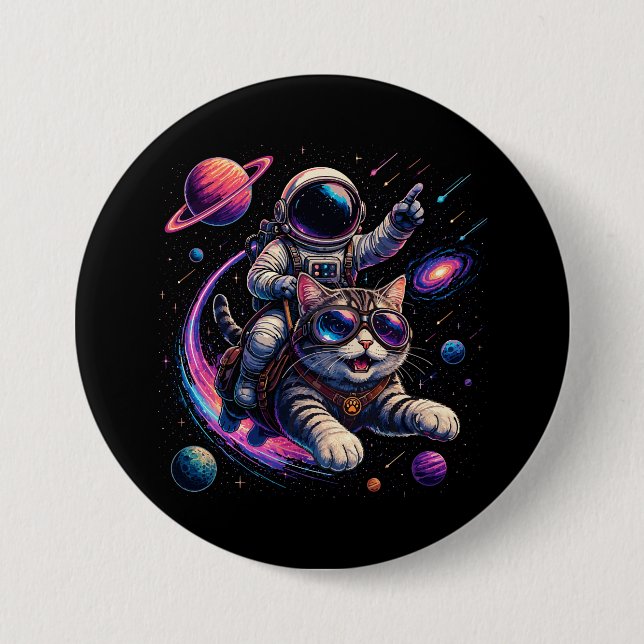 Astronaut cat riding through space 3 inch round button (Front)
