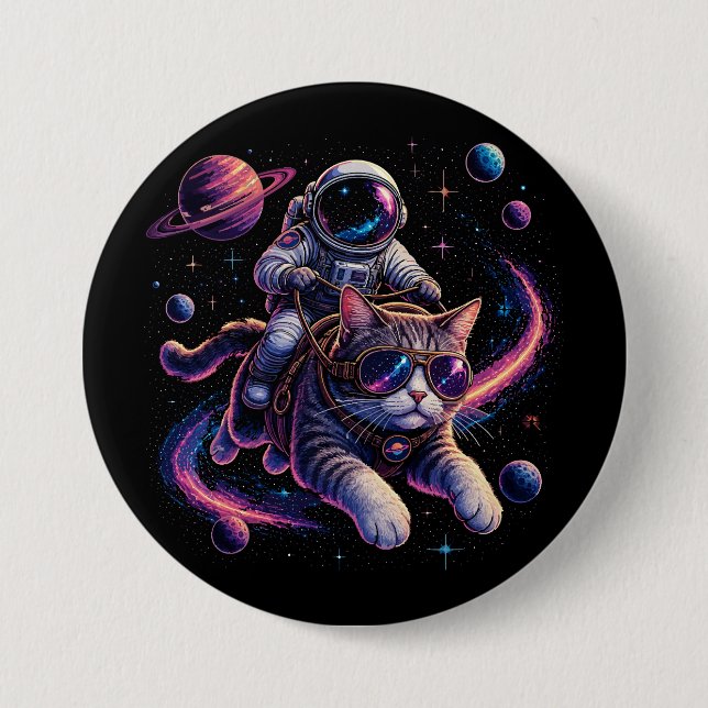 Astronaut cat riding through space 3 inch round button (Front)