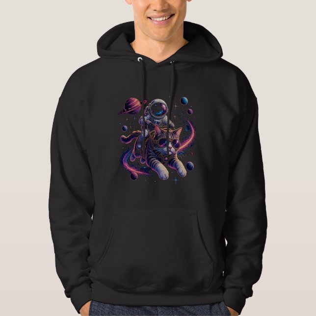 Astronaut cat riding through space hoodie (Front)