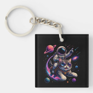 Astronaut cat riding through space keychain