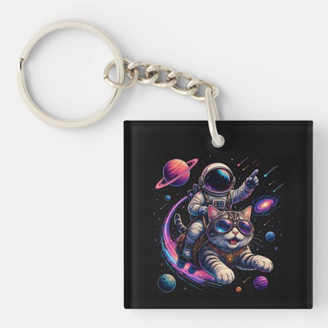 Astronaut cat riding through space keychain (Front)