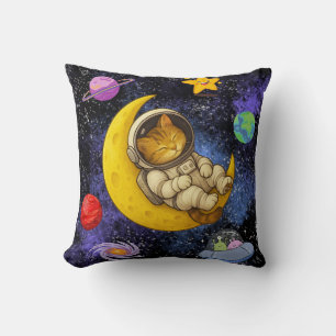 Astronaut Cat Sleeping on the Moon Throw Pillow