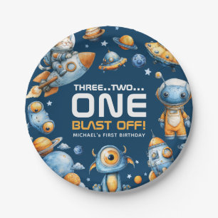 Astronaut Cat Space Rocket Blast Off 1st Birthday Paper Plate