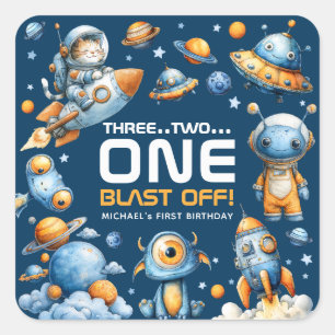 Astronaut Cat Space Rocket Blast Off 1st Birthday Square Sticker