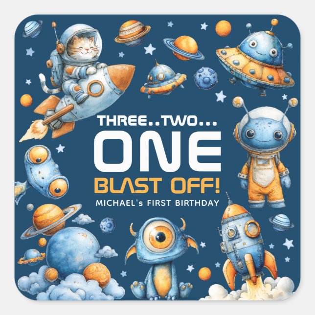 Astronaut Cat Space Rocket Blast Off 1st Birthday Square Sticker (Front)