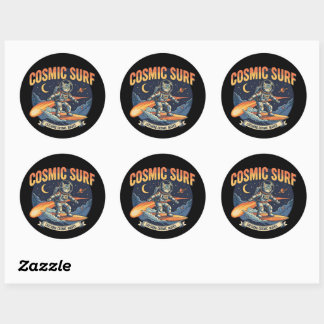 Astronaut Cat Surfing comic waves Classic Round Sticker
