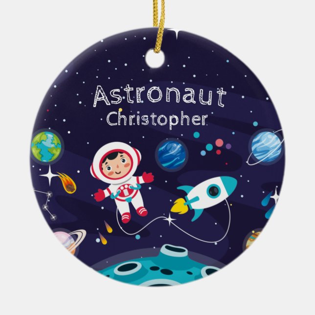  Astronaut child on the moon, monogrammed name Ceramic Ornament (Front)