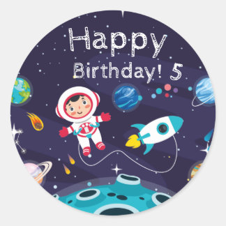 Astronaut child on the moon, monogrammed name classic round sticker