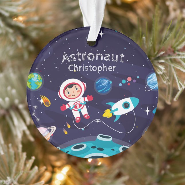 Astronaut child on the moon, monogrammed name ornament (Tree)