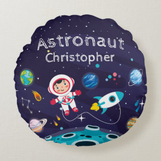 Astronaut child on the moon, monogrammed name round pillow