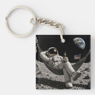 Astronaut Chilling with Beer on the Moon Keychain