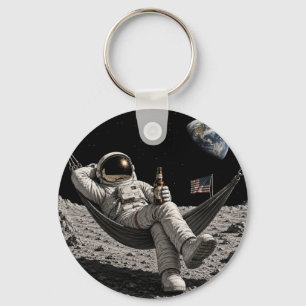 Astronaut Chilling with Beer on the Moon Keychain