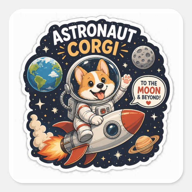 Astronaut Corgi – To The Moon & Beyond! Square Sticker (Front)