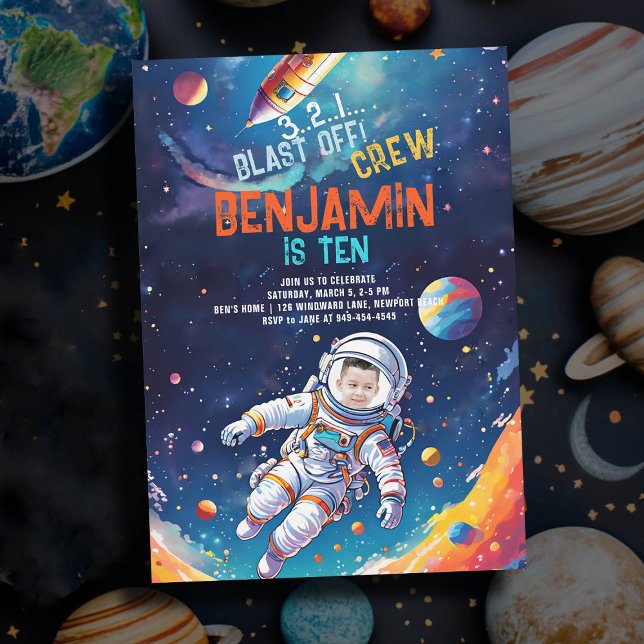 Astronaut Deep Space Rocket Planets Photo Birthday Invitation (photo astronaut birthday party invitation boy deep space rocket planets stars watercolor unique)