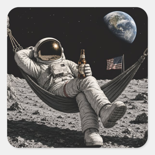 Astronaut drinking beer square sticker (Front)