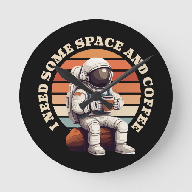 Astronaut Drinking Coffee Round Clock (Front)