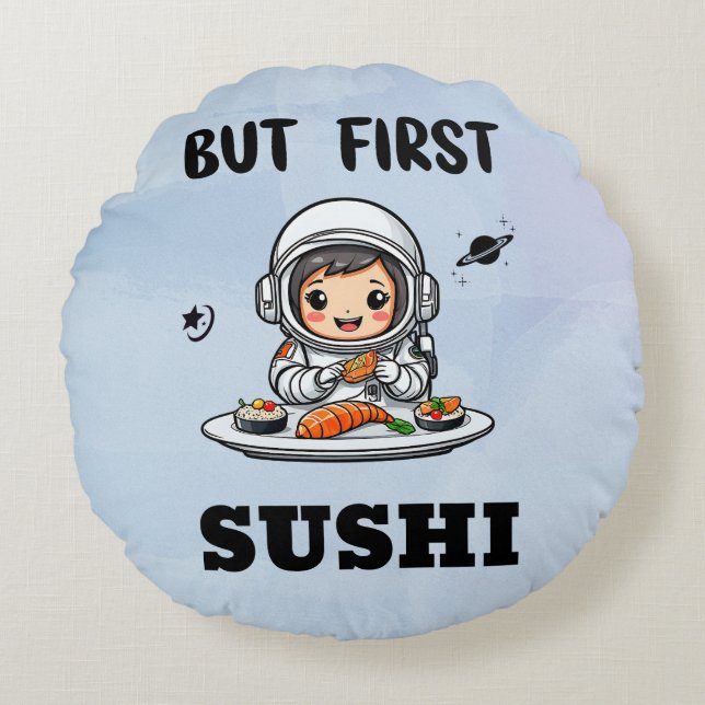 Astronaut eating Sushi Round Pillow (Front)
