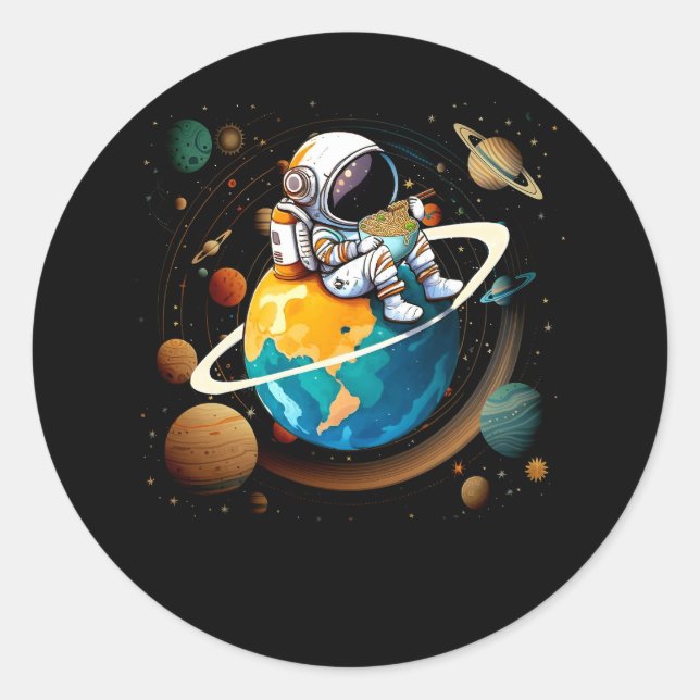 Astronaut Eats Ramen Anime Out Of Space Japanese N Classic Round Sticker (Front)