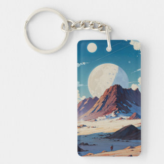 Astronaut Exploring a Vast Alien Desert under Twin Keychain