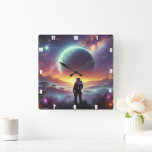 Astronaut Exploring a Vibrant Alien Cosmic Wonder Square Wall Clock<br><div class="desc">This imaginative astronaut-themed clock transports you to an alien world filled with cosmic wonder. A spaceman stands against a vibrant alien landscape with distant planets and stars in view. Blending science fiction with artistic flair, this timepiece is perfect for space lovers and dreamers who crave something futuristic, unique, and mesmerizing...</div>