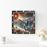 Astronaut Exploring Outer Space Distant Planet  Square Wall Clock<br><div class="desc">Journey through the stars with this surreal astronaut clock featuring a bold cosmic scene. The spaceman floats among galaxies, nebulae, and distant planets in a vibrant, mystical universe. Designed to inspire imagination and wonder, this artistic timepiece combines science fiction with decor, making it a striking addition to any modern space....</div>
