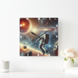 Astronaut Exploring Outer Space Square Wall Clock<br><div class="desc">Journey through the stars with this surreal astronaut clock featuring a bold cosmic scene. The spaceman floats among galaxies, nebulae, and distant planets in a vibrant, mystical universe. Designed to inspire imagination and wonder, this artistic timepiece combines science fiction with decor, making it a striking addition to any modern space....</div>