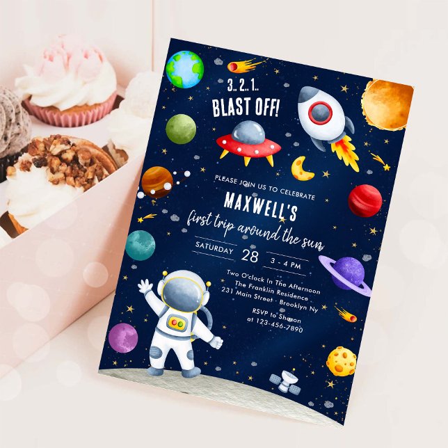 Astronaut First Trip Around the Sun 1st Birthday Invitation (Creator Uploaded)