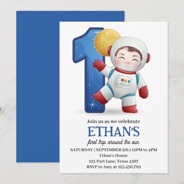 Astronaut First Trip Around The Sun 1st Birthday Invitation (Front/Back)