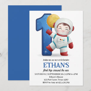 Astronaut First Trip Around The Sun 1st Birthday Invitation