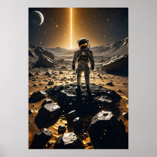 Astronaut Floating Above Glowing Golden Asteroids Poster
