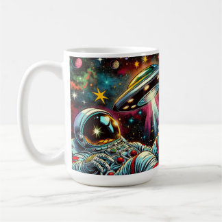 Astronaut Floating in Space with a UFO Ai Art Coffee Mug