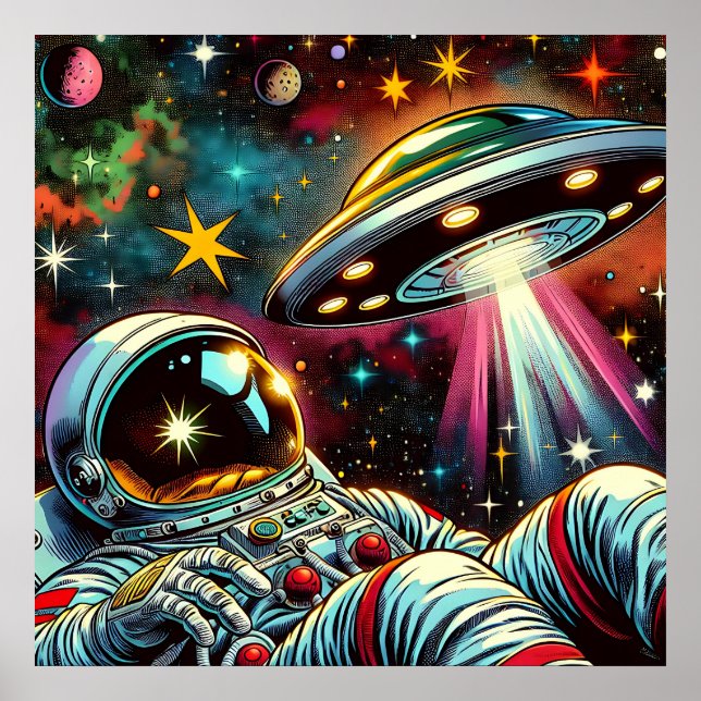Astronaut Floating in Space with a UFO Ai  Art Poster (Front)