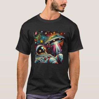 Astronaut Floating in Space with a UFO Ai Art T-Shirt
