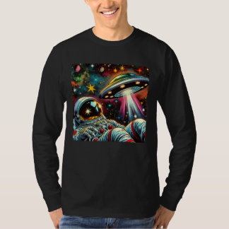 Astronaut Floating in Space with a UFO Ai Art T-Shirt