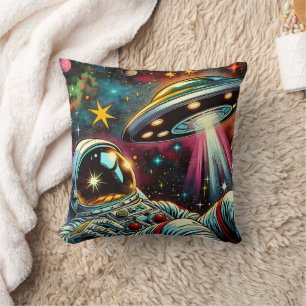 Astronaut Floating in Space with a UFO Ai  Art Throw Pillow