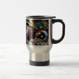 Astronaut Floating in Space with a UFO Ai Art Travel Mug