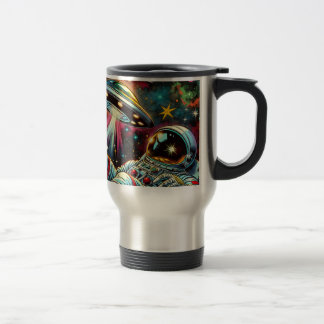 Astronaut Floating in Space with a UFO Ai Art Travel Mug