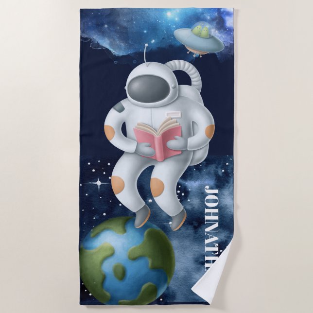 Astronaut floating space cartoon kids galaxy stars beach towel (Front)